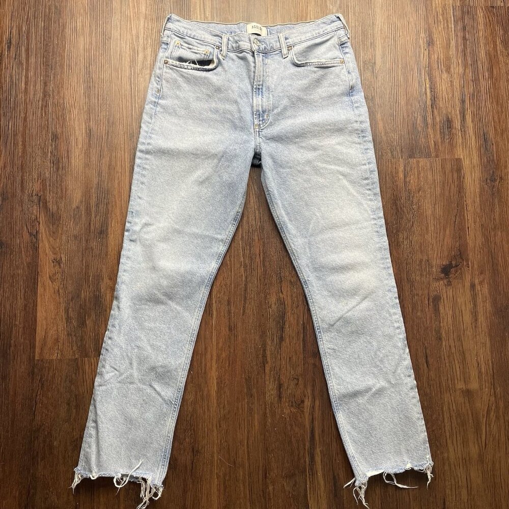 AGOLDE Merrel Jeans Womens 30x28 Blue Light Wash Stretch Raw Hem Distressed